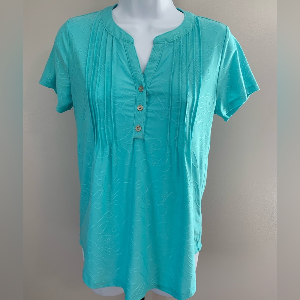 NY Collection Women’s Turquoise Short Sleeve Pintuck Henley Top